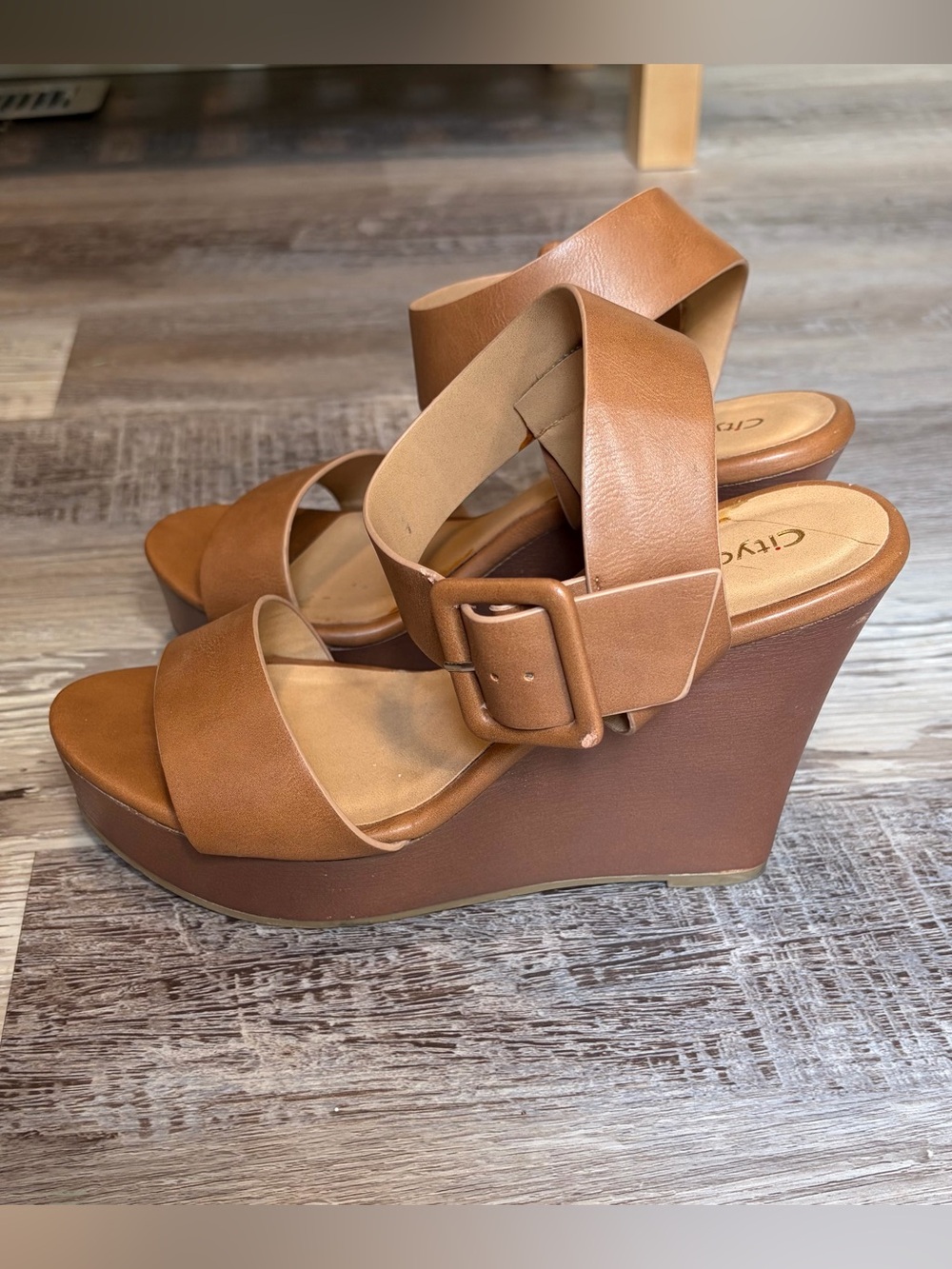 Cityclassified Cognac Brown Wedge Sandals with Wide Buckle Strap